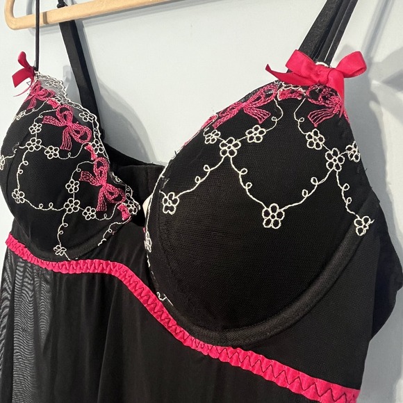 Sheer Black Babydoll Lingerie Large Ruffle‎ Whimsigoth Bows Embroidery Coquette - Picture 7 of 16